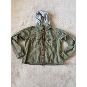Free People Size Small Hooded Military Jacket Olive Green Distressed Button Down